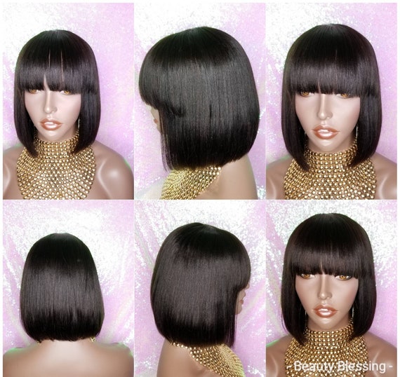 Short Bob Bang Brazilian Virgin Remy 100% Human Hair Wig Razor Cut Bob Hair  Style China Bang Wig 