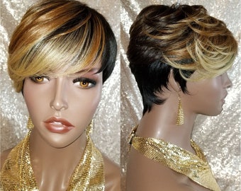 WIG Short Cut Feather Style Full Cap  Wig Swoop Bang Style Light Yaki  Ombre Auburn Honey Strawberry Blonde Bang Hair Wig
