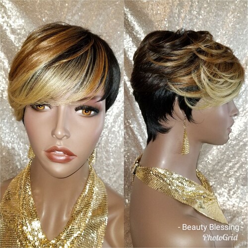 Ombre Auburn Honey Blonde Wig: Short Feathered Light Yaki  display picture 1