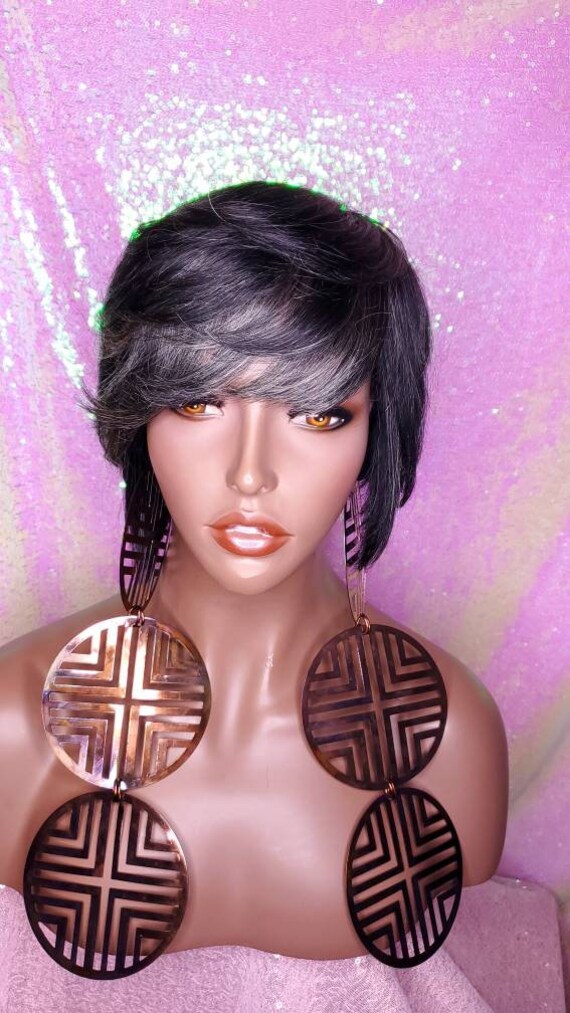 Pixie Cut Swoop Bang Remy Human Hair Wig Amazon.com: Gray Bob Wig, Salt and Pepper Grey for Women  main image 3