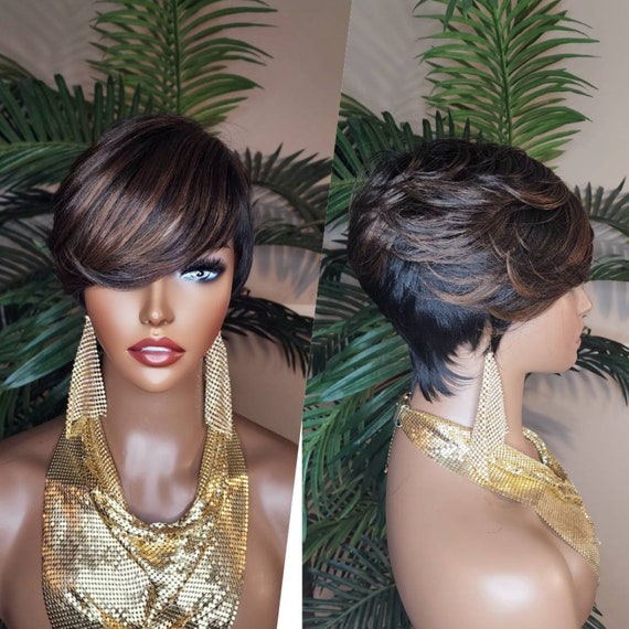 WIG Pixie Cut Wig Brown Auburn Hair Short Hairstyle Wig With Swoop Bangs Hair Glueless Wigs for Women Celebrity Hairstyles Etsy UK