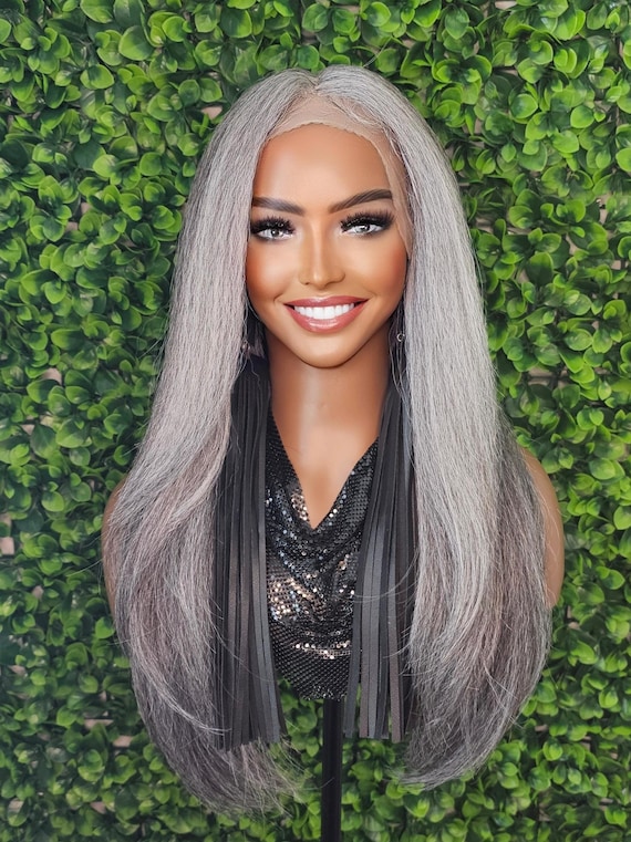 Long Salt Pepper Gray Yaki Straight Lace Front Wig - Etsy display picture 1
