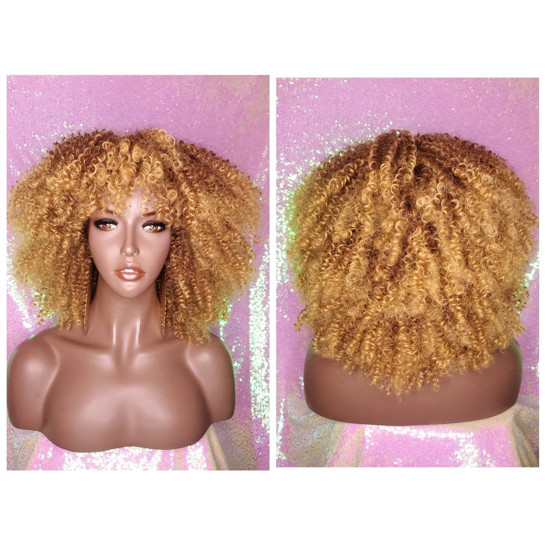 Wig Strawberry Blonde Curly Afro Kinky Twist Bangs Wig Afro Corkscrew