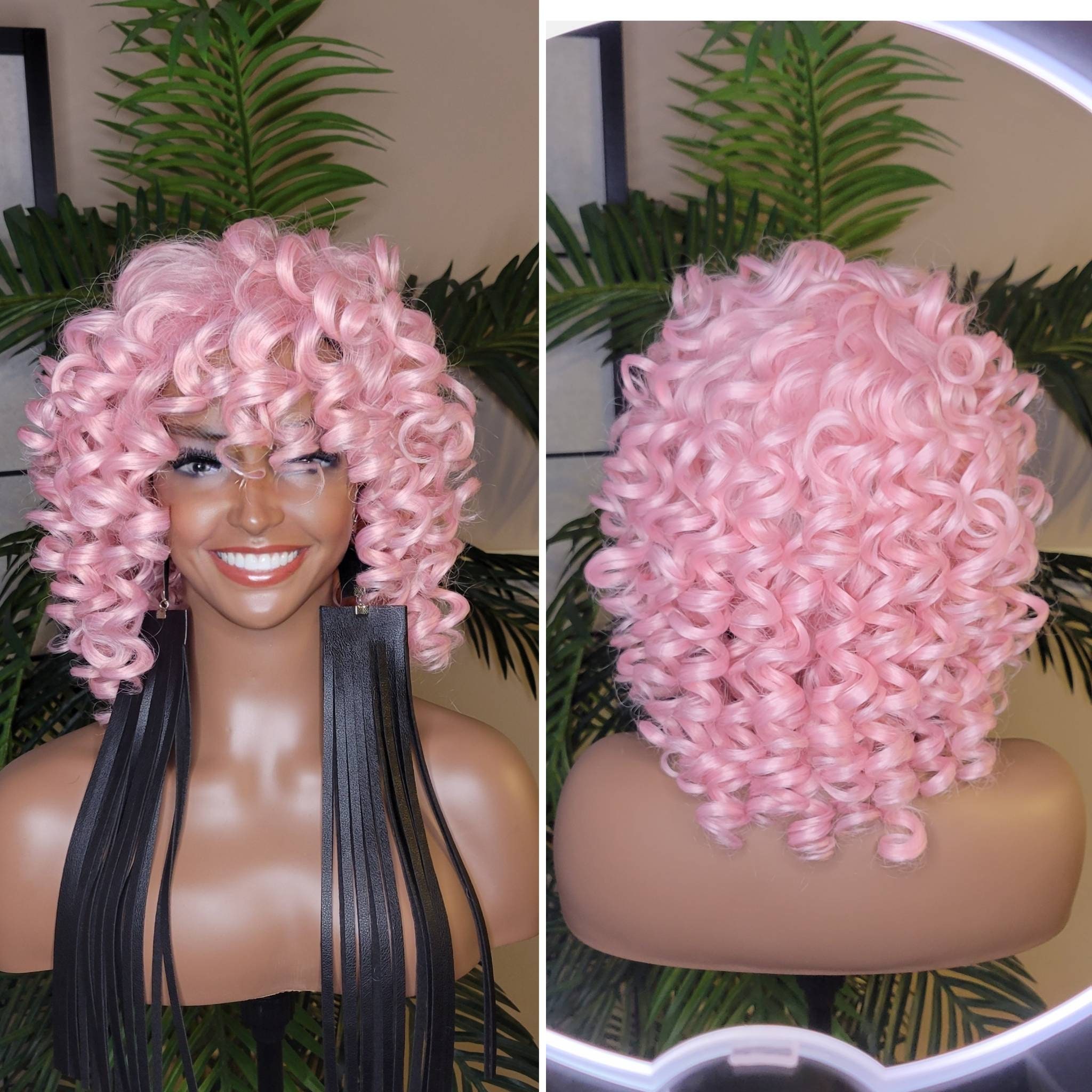 Pink wig curly discount