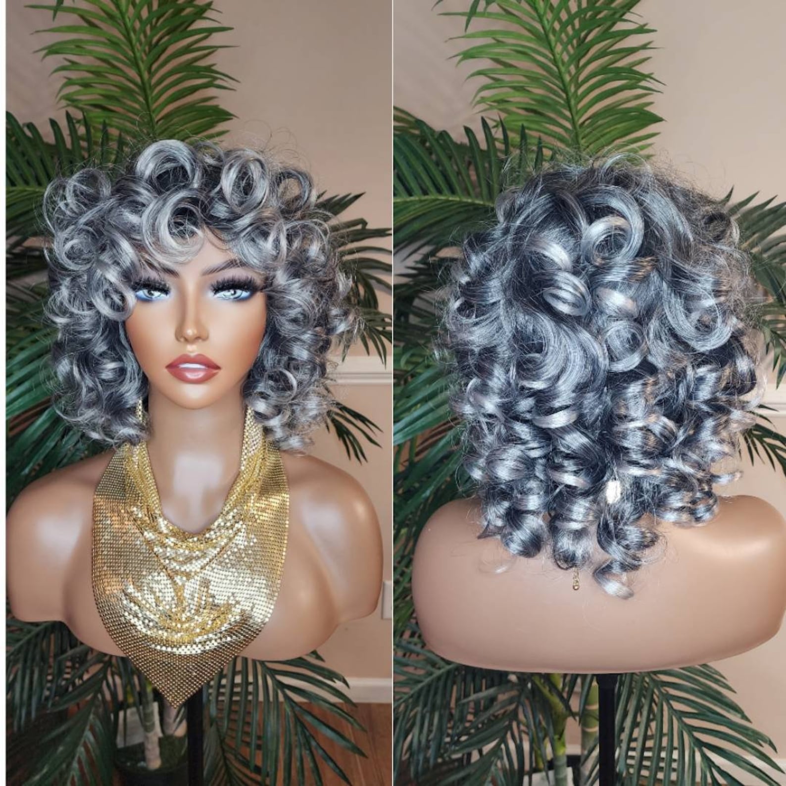 Wig Dark Salt Pepper Gray Hair Big Curl Wig Gray Curly Hair Etsy