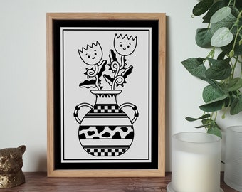 Black and White Thorny Flower Print - A3 A4 A5 A6 - Aesthetic Design - Checkered Vase - Wall Art - Cow Print - Eclectic - Gallery Wall Art