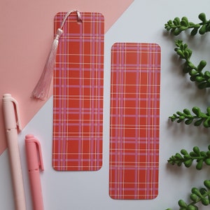 Pink and Red Plaid Bookmark - Double Sided - Book Accessories - Reading - Gift For Book Lovers - Tassel - Pretty Stationery - Aesthetic