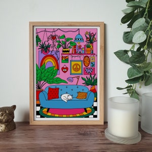 Bright Eclectic Interior Living Room Illustration Print - A3 A4 A5 A6 - Aesthetic Design - Gallery Wall Art - House Plants - Sleeping Cat -