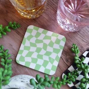 Green Wavy Checker Coaster – Cute Home Accessories – Home Décor – Aesthetic – Colourful – Cork Backed