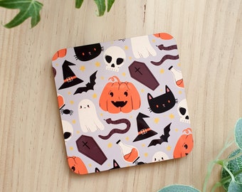 Grey Halloween Coaster – Home Accessories – Home Décor – Aesthetic – Colourful – Cork Backed - Autumn Pattern - Drinks Coaster - Fall Decor