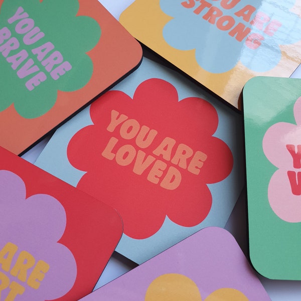 Affirmation Coaster Set – Cute Home Accessories – Home Décor – Cork Backed - Aesthetic – Colourful - Positive Quotes - Danish Pastel