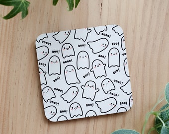 Ghost Coaster – Home Accessories – Home Décor – Aesthetic – Monochrome – Cork Backed - Halloween Pattern - Drinks Coaster - Fall Decor