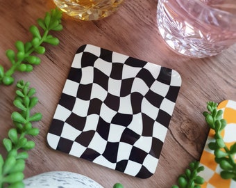 Black Wavy Checker Coaster – Cute Home Accessories – Home Décor – Aesthetic – Colourful – Cork Backed