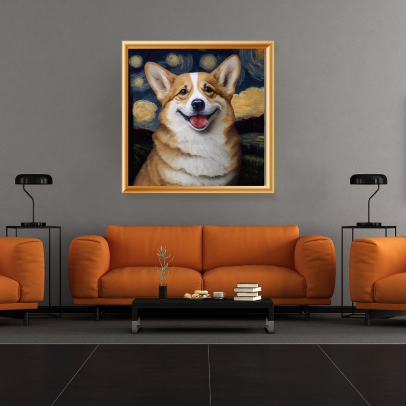 Puede incluir: Una pintura enmarcada de un perro corgi con una expresi&oacute;n sonriente, sobre un fondo inspirado en La noche estrellada de Vincent van Gogh.