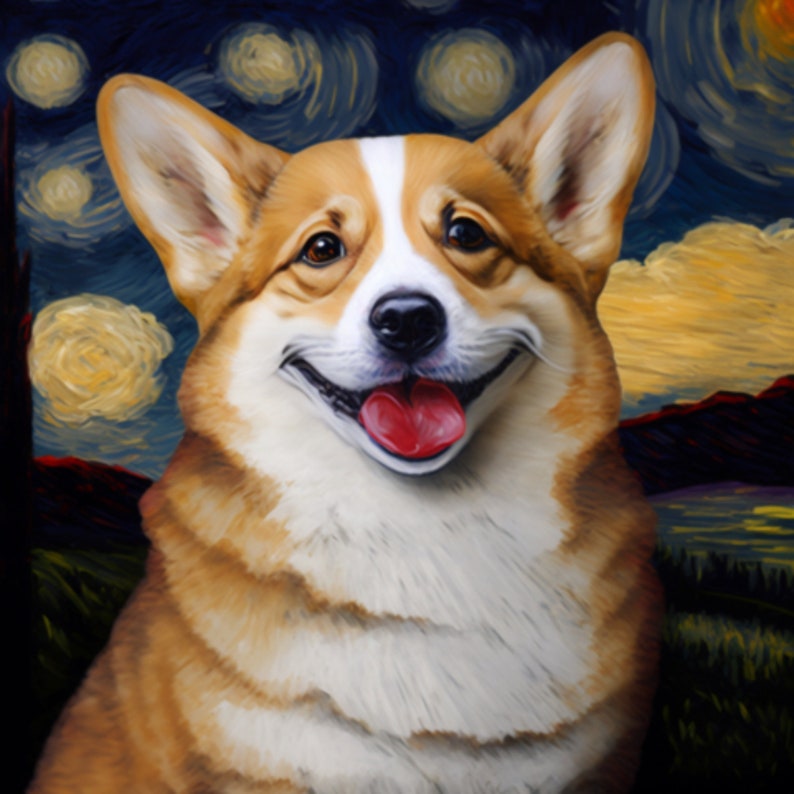 Puede incluir: Una pintura de un perro corgi con un pecho blanco y una cara marr&oacute;n y blanca. El perro est&aacute; sonriendo con la lengua fuera. El fondo es una noche estrellada azul y amarilla.