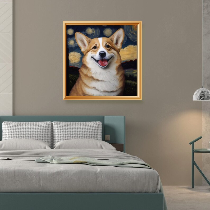 Puede incluir: Una pintura enmarcada de un perro corgi con un fondo de noche estrellada. El corgi es marr&oacute;n y blanco y tiene una expresi&oacute;n feliz.