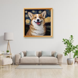 Puede incluir: Una pintura enmarcada de un perro corgi con un fondo de noche estrellada. El perro est&aacute; sonriendo y tiene un pecho y patas blancas. El fondo es azul oscuro con estrellas blancas y una luna amarilla.
