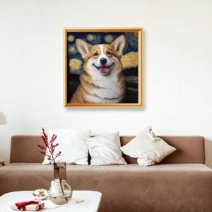 Puede incluir: Una pintura de un perro corgi con una expresi&oacute;n feliz, sobre un fondo de noche estrellada. El perro es marr&oacute;n y blanco con una cola esponjosa. La pintura est&aacute; enmarcada en un marco dorado.