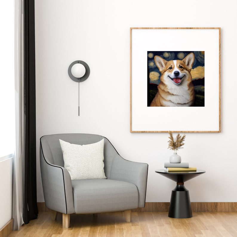 Puede incluir: Una impresi&oacute;n enmarcada de un perro corgi con una cara sonriente, pintada al estilo de La Noche Estrellada de Vincent van Gogh.