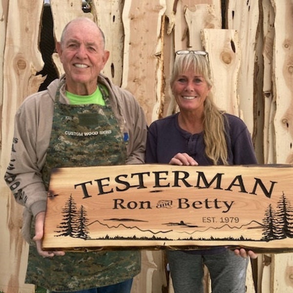 trees, names, Custom live edge bark red cedar wood, hardwood, deep carved, rustic, personalized, cabin, campsite, wedding, commercial