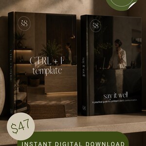 May include: Two rectangular books with dark covers. The left book features the text CTRL + F template. The right book features the text say it well A practical guide to confident client communication. Both books display a logo with the text $8.
