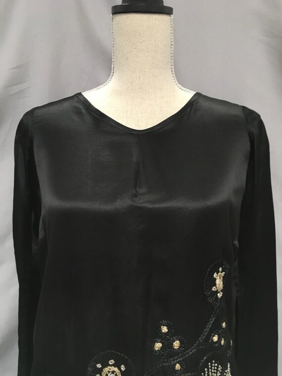 Antique 1920’s Black Silk Satin Dress, Ecru Embro… - image 6