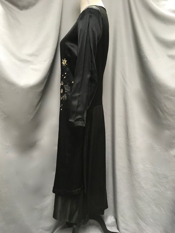 Antique 1920’s Black Silk Satin Dress, Ecru Embro… - image 3