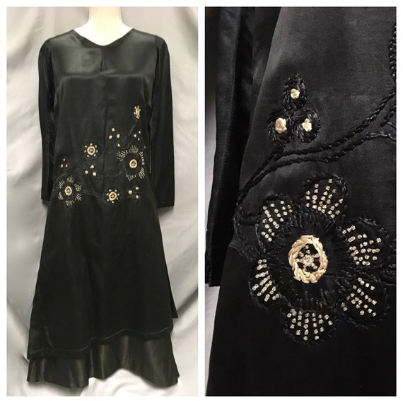 Antique 1920’s Black Silk Satin Dress, Ecru Embroi