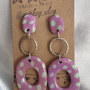 Handmade purple & blue polkadot polymer clay earrings, statement, gift for her, lightweight, mum, Mother’s Day, bold, dangle rave unique