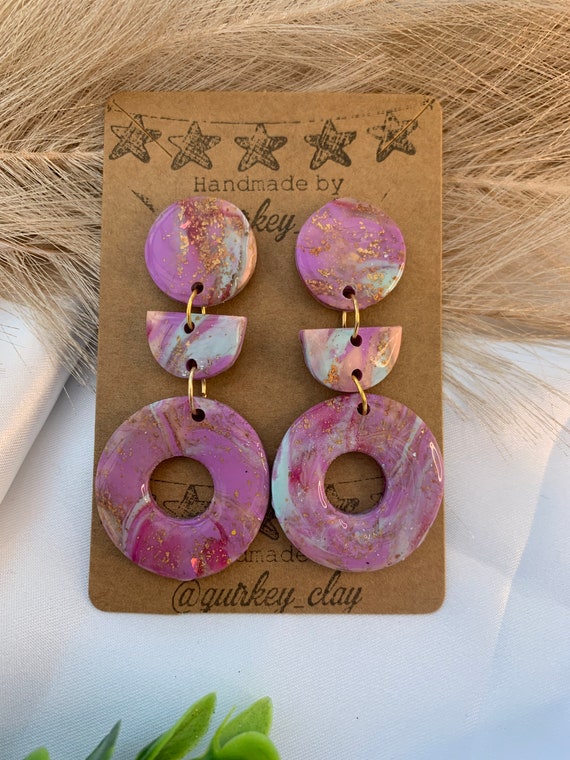 Handmade pink purple Marble effect polymer clay earrings, statement, gift  for her, lightweight, mum, Mother’s Day, bold, colourful, dangle
