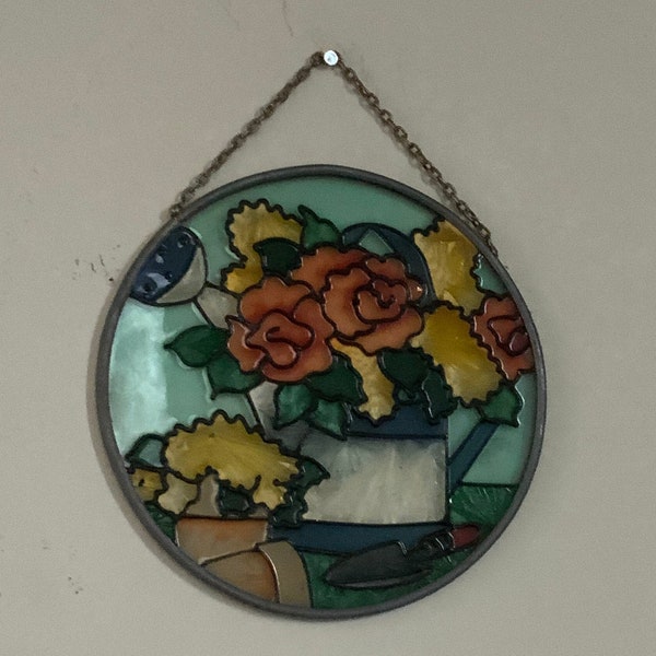 Small Round Vintage FLORAL Watering Can SUNCATCHER  - Joan Baker Designs, Sunroom Decor, Window Decor, Vintage Stained Glass