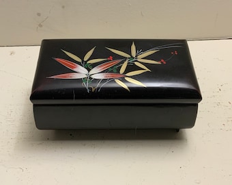 Vintage Black Lacquer MUSICAL JEWELRY BOX Made In Japan, Swan Lake Musical Trinket Box