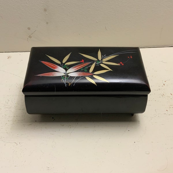 Vintage Black Lacquer MUSICAL JEWELRY BOX Made In Japan, Swan Lake Musical Trinket Box