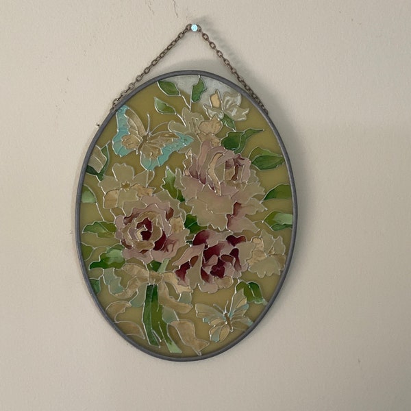 Joan Baker Designs Handpainted STAINED GLASS Floral Rose SUNCATCHER, Roses and Butterfly Stained Glass Window Hanger, Spring Decor