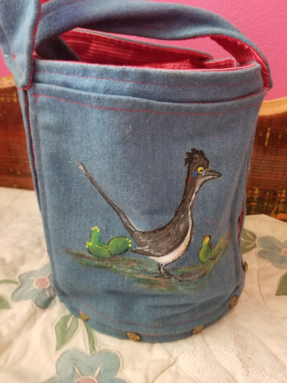 Unique HANDPAINTED DENIM Bucket PURSE by Helen, V… - image 4