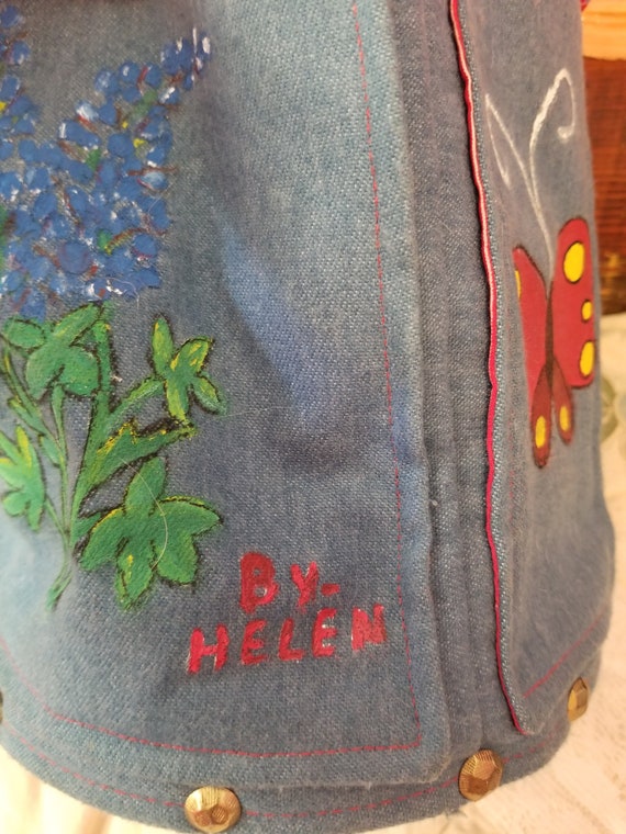 Unique HANDPAINTED DENIM Bucket PURSE by Helen, V… - image 7