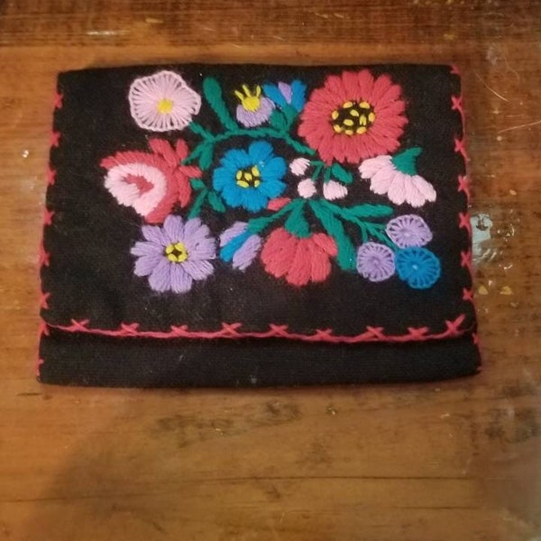 Colorful VINTAGE Black Cloth Floral Hand EMBROIDERED WALLET Pouch with Velcro, Boho Single Pocket Billfold with Embroidery Flowers