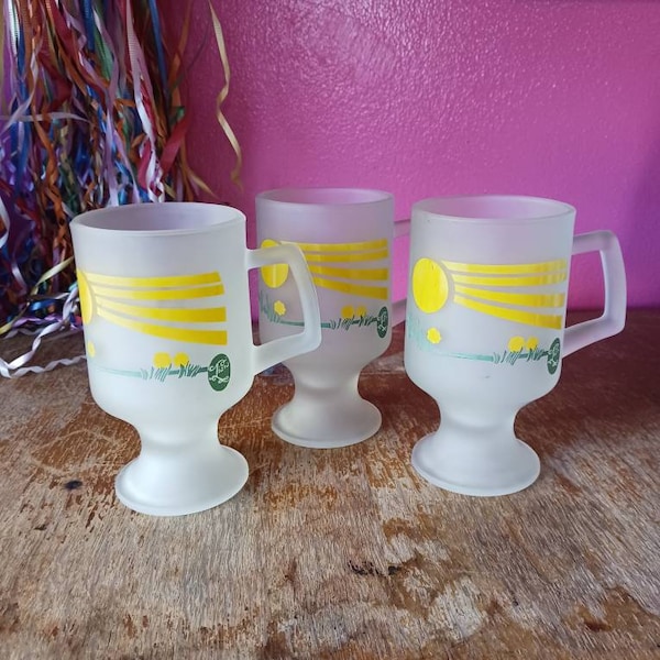 Vintage TIARA Frosted Glass PEDESTAL MUGS, lot of 3, 1980s Drinkware, Vintage Kitchen, Beach Decor, Indiana Glass, Summer Spring Decor