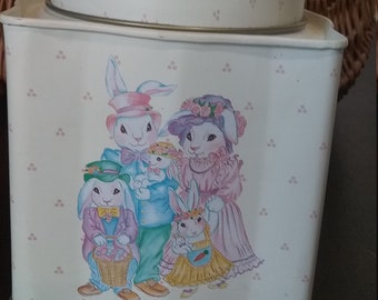 Vintage EASTER Bunny Rabbit TIN Box, Easter Theme Tin, Bunny Rabbit Family Tin, Fancy Dress Bunny Family, Trinket Storage Tin, Easter Decor