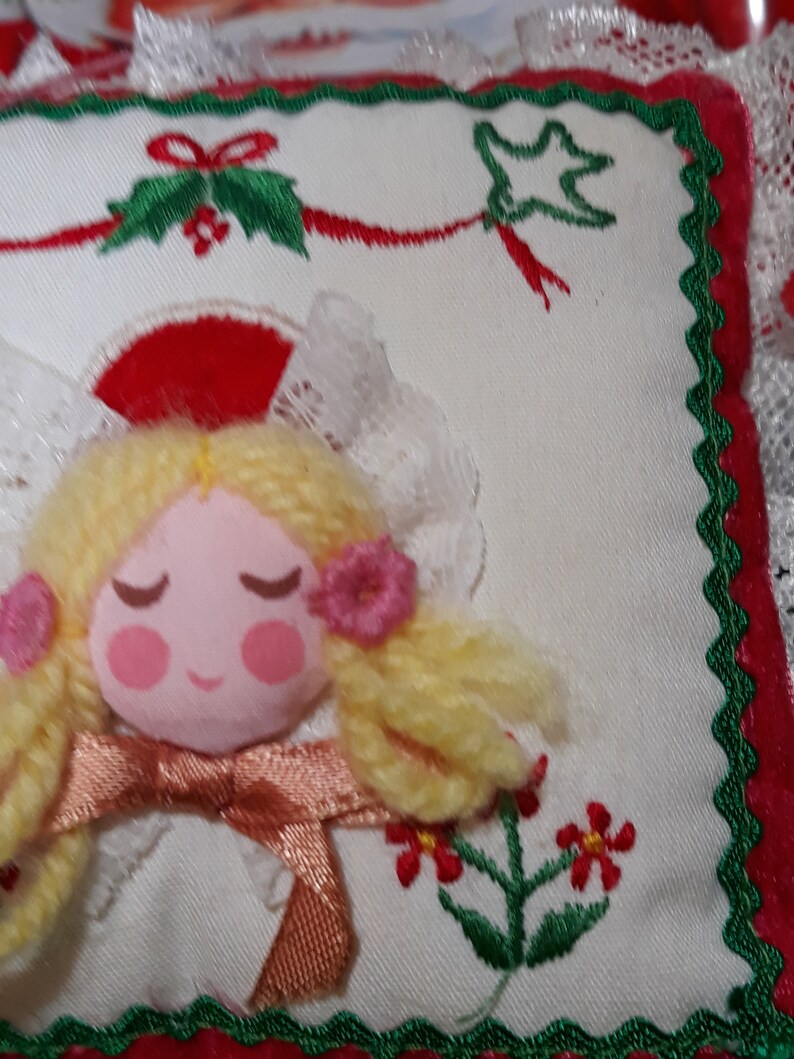 Holiday Decor Vintage Ornament Stitched Square Pillow HANDCRAFTED CHRISTMAS ORNAMENT Yellow Yarn Angel Christmas Tree ornament