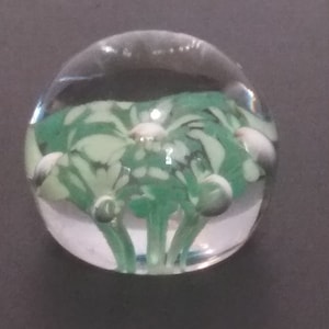 Pretty Round Trumpet FLOWERS GLASS PAPERWEIGHT, Bubble Glass Paperweight, Vintage Green Floral Paperweight, Collectible Art Glass, Office image 1