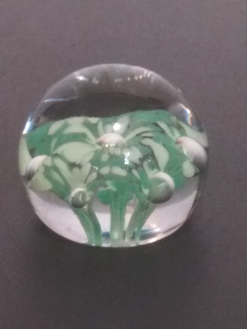 Pretty Round Trumpet FLOWERS GLASS PAPERWEIGHT, Bubble Glass Paperweight, Vintage Green Floral Paperweight, Collectible Art Glass, Office image 1