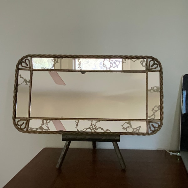 Vintage GOLD Veined Glass WALL MIRROR, Metal Framed Heart Vanity, Hollywood Regency Style Mirror, Twisted Gold Rope Rectangular Mirror