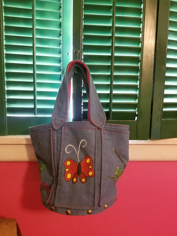 Unique HANDPAINTED DENIM Bucket PURSE by Helen, Vi