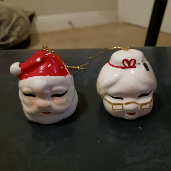 Inarco SANTA and Mrs. Claus Head BELL Christmas ORNAMENTS