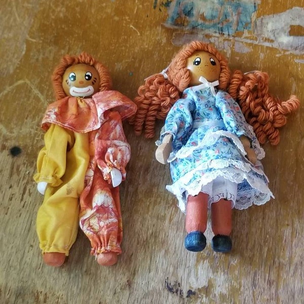 Vintage Pair of WOODEN CLOTHESPIN DOLLS with Round Wood Head and Painted Face, Vintage Wooden Clown Clothespin Doll Girl Clothespin Doll