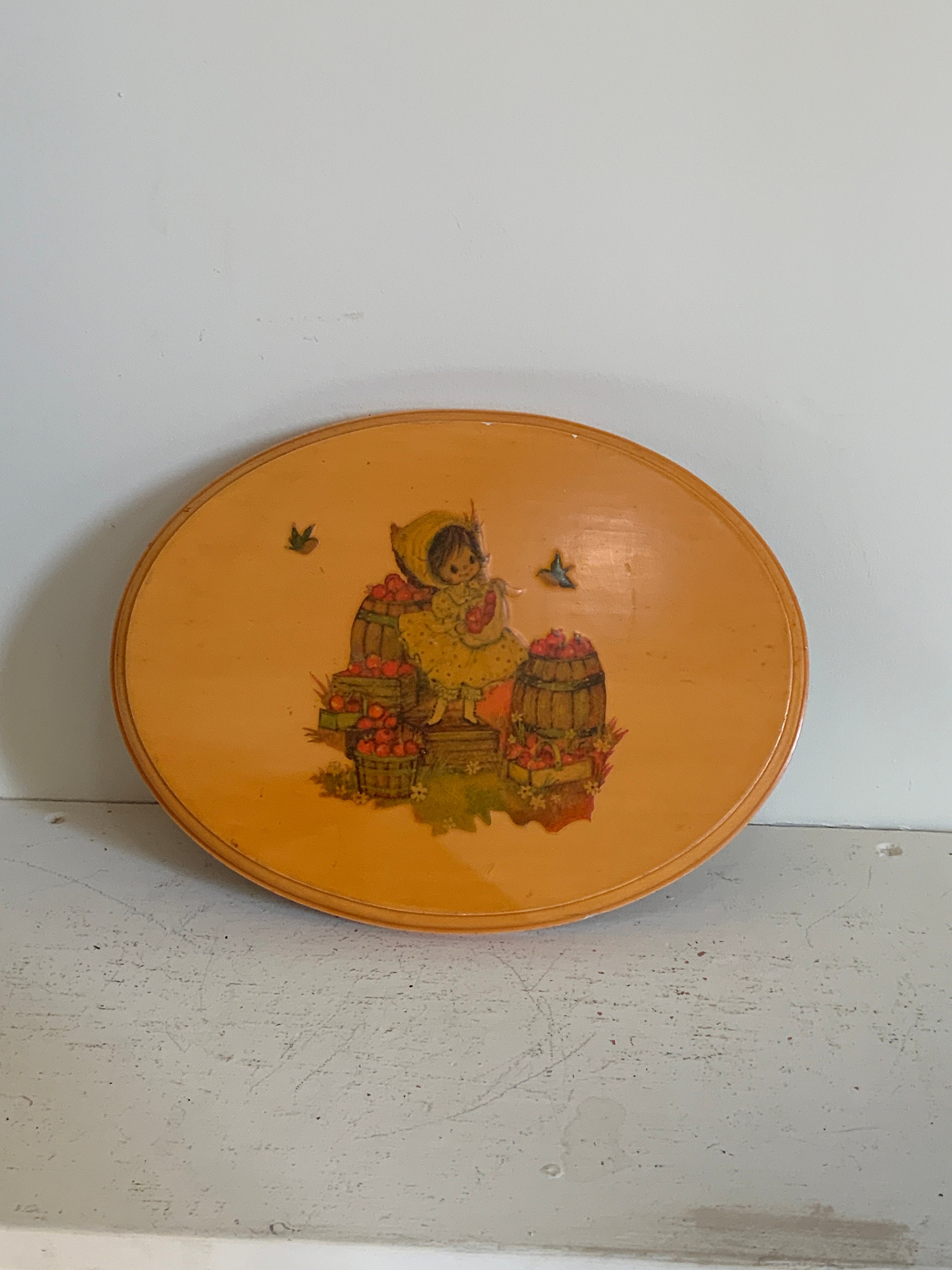 Vintage Autumn Apple Harvest Young Girl DECOUPAGE Wooden WALL PLAQUE Oval Measurements 10 1/2” x  8” x 7/8”, Child's Room Decor, Girl's Room