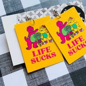 Life Sucks Earrings, Quote, Saying, Barney and Friends, Spoof, Funny Earrings, Cute Earrings, Paper Earrings, Laminated