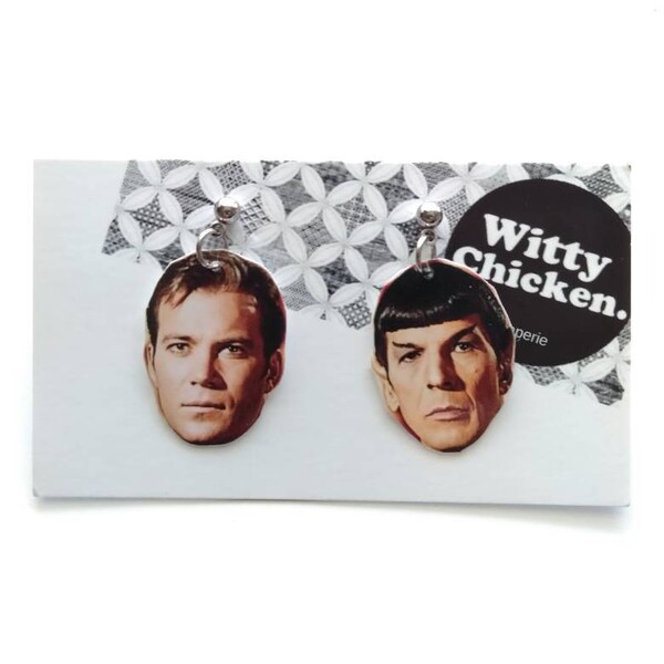 Captain Kirk and Spock Earrings, Star Trek Earrings, Old Star Trek, Paper Earring, Paper Jewelry, Laminate Earrings, Fun Earrings,