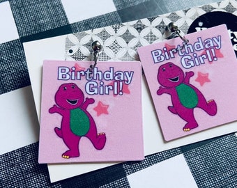 Barney Birthday Girl Dangle Earrings, Funny Earrings, Cute Earrings, TV Show, 90s Vintage, Spoof, Barney and Friends